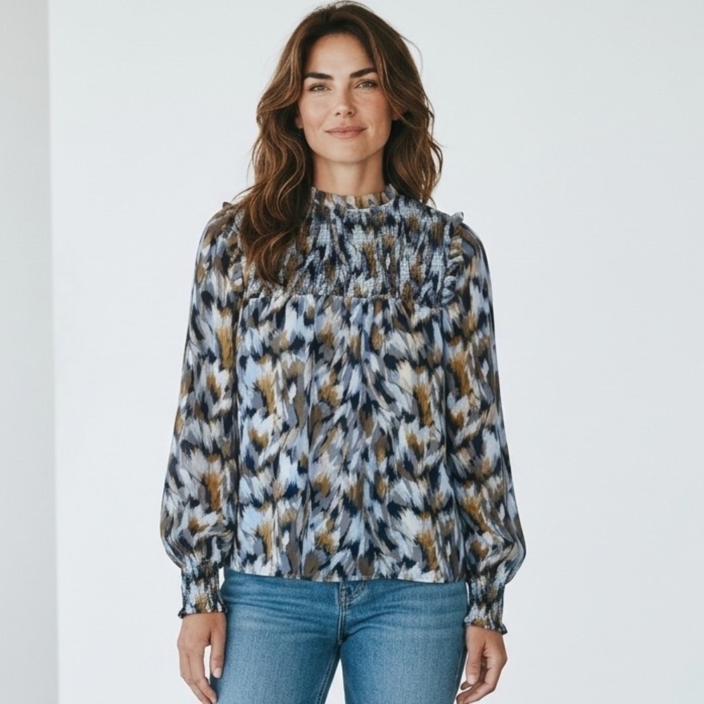 Steve Madden Womens XS Smocked‎ Mock Neck Blouse Abstract Print Balloon Sleeve